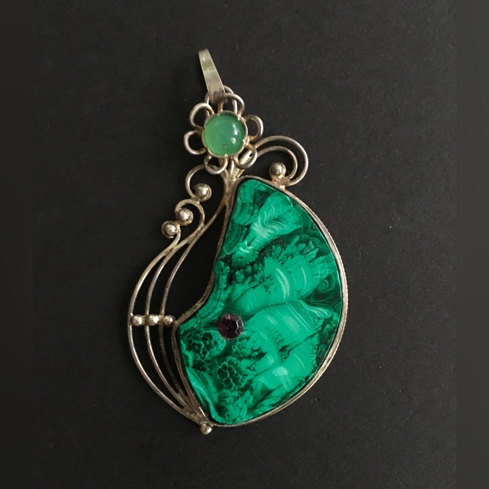 Vintage Malachite Pendant with  Filigree and Jade Accent